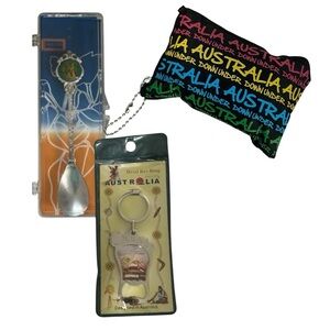 AUSTRALIA SOUVENIR BUNDLE SILVER PLATED SPOON VICTORIA KEYCHAIN REUSABLE BAG